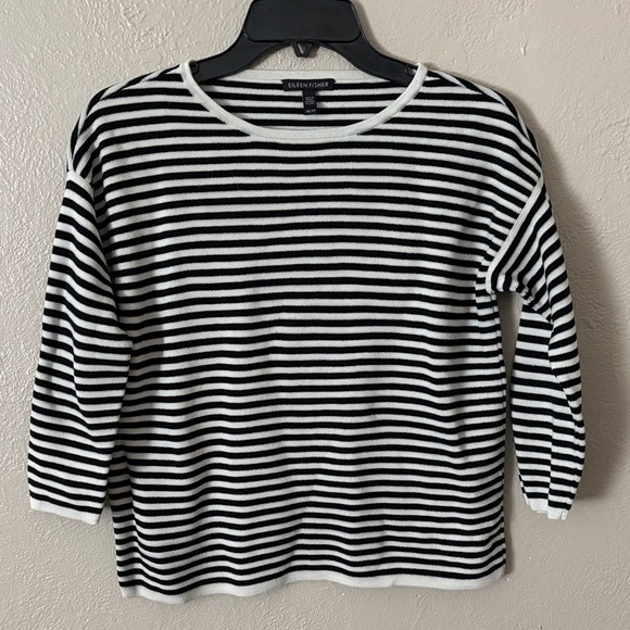 Eileen Fisher Organic Silk Black White Striped Sweater Size XSmall - Picture 1 of 5